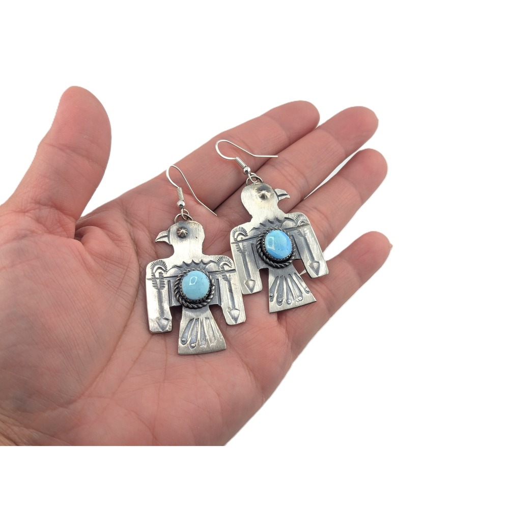 Navajo Thunderbird Golden Hills Turquoise Earrings Handmade NA Sterling Jewelry* - Picture 9 of 11